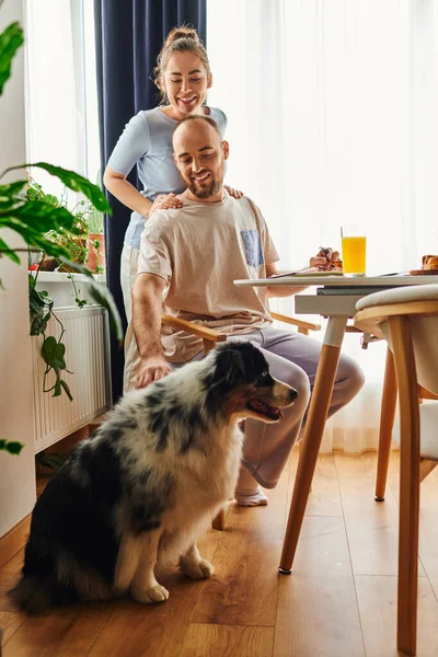Smiling woman hugging boyfriend near border collie and tasty breakfast at home in morning — Stock Photo