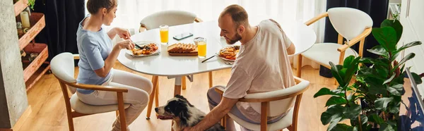 Smiling man in homewear petting border collie while having breakfast with girlfriend at home,banner — Stock Photo