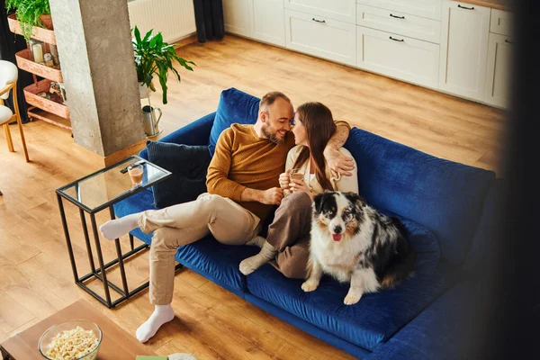 Smiling man hugging girlfriend with coffee while sitting near border collie on couch at home — Stock Photo
