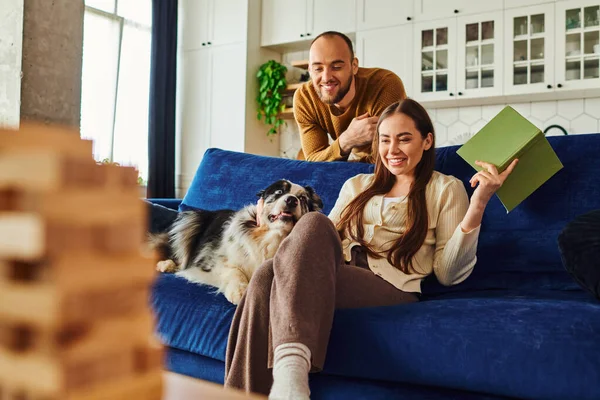 Cheerful couple with book looking at border collie on couch near blurred wood blocks game at home — Stock Photo