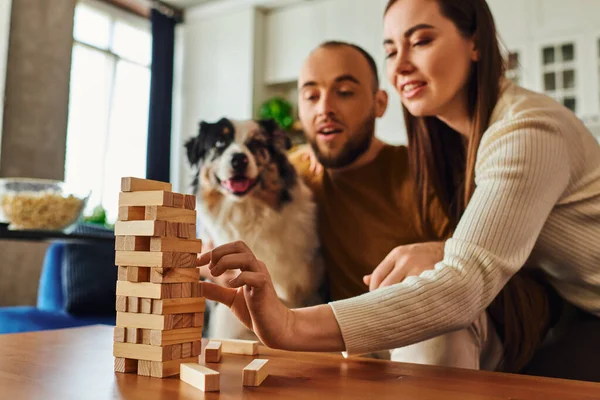 Blurred couple playing wood blocks game near border collie and popcorn in living room at home — Stock Photo