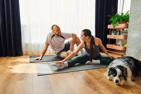 Smiling couple in sportswear talking while warming up on fitness mats near border collie at home — Stock Photo