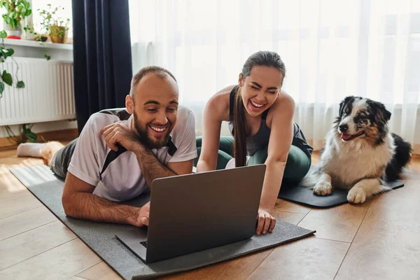 Joyful couple in sportswear using laptop together on fitness mats near border collie at home — Stock Photo