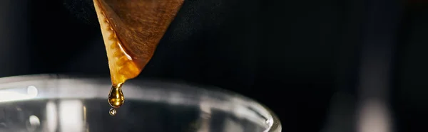 Крупним планом вид свіжого еспресо, що викидається з фільтрувального пакету у скляний кав'ярня, стиль V-60, банер — Stock Photo