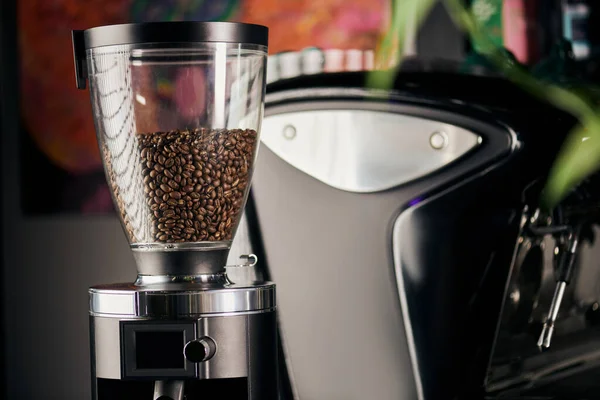 Professional coffee grinder with roasted and whole coffee beans, barista equipment, coffee shop — Stock Photo