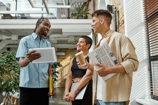 Tattoo: no sugar, young interracial coworkers in office, generation z people with gadgets, coworking — Stock Photo