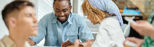 Happy african american coworkers discussing project coworking, start up, brainstorming, banner — Stock Photo