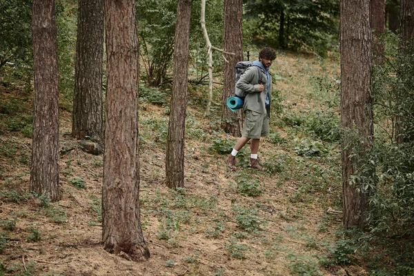 Junger lockiger indischer Wanderer mit Rucksack spaziert zwischen Bäumen im Wald — Stockfoto