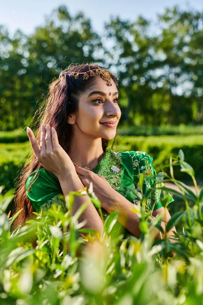 Retrato de alegre joven india en sari mirando hacia otro lado mientras está de pie cerca de plantas en el parque - foto de stock