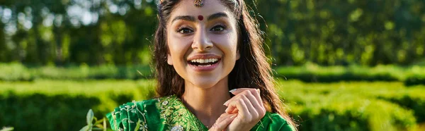Mujer india bastante joven en sari sonriendo a la cámara cerca de plantas borrosas al aire libre, pancarta - foto de stock