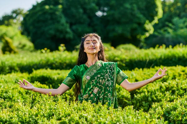 Sorridente e elegante jovem indiana mulher em sari meditando perto de plantas verdes no parque — Fotografia de Stock