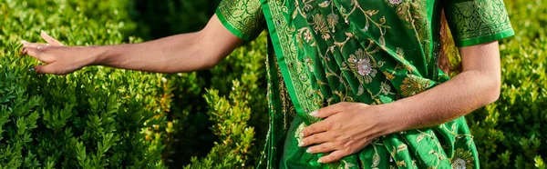Частковий вид на молоду жінку в зеленому сарі з візерунком, що стоїть поруч з рослинами в парку, банер — стокове фото