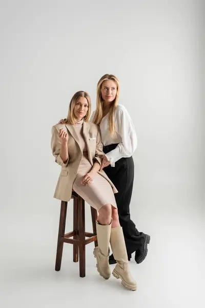 Two elegant stylish sisters posing on grey backdrop one sister sitting on chair, bonding, fashion — Stock Photo