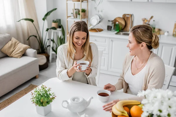Two attractive happy sisters in casual attire sitting at table drinking tea and smiling, bonding — Stock Photo