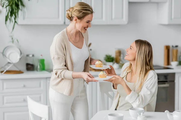 Good looking sisters in trendy pastel cardigans holding cupcakes and smiling at each other, bonding — Stock Photo