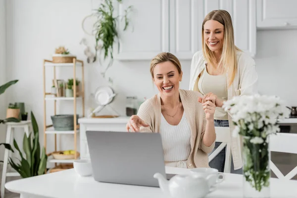 Deux jolies sœurs gaies regardant ordinateur portable et souriant et pointant du doigt, liens de famille — Photo de stock