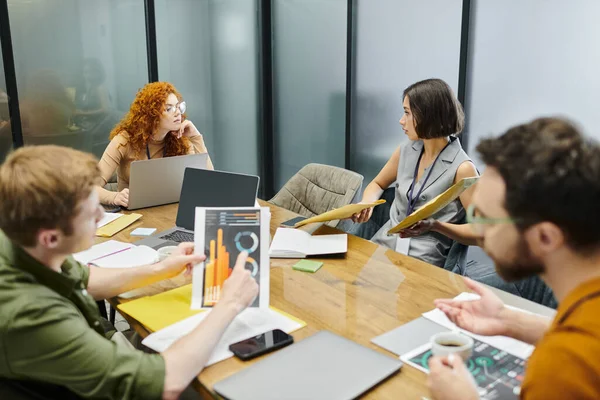 Young manager showing envelopes to redhead team lead near colleagues, meeting room, laptops, graphs — Stock Photo