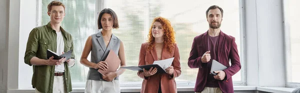 Successful business team with folders and notebooks in office, professional headshot, banner — Stock Photo