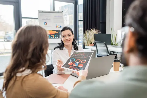 Cheerful team lead taking charts and discussing startup project with team in coworking space — Stock Photo