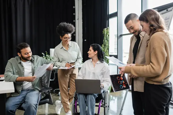 Diversity and inclusion, multiethnic team planning startup project, disabled woman in wheelchair — Stock Photo