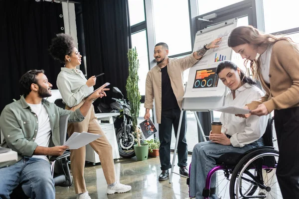 Inclusion, asian man showing charts and graphs, woman in wheelchair discussing project with team — Stock Photo