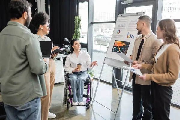Концепция включения, женщина-инвалид в инвалидной коляске делится идеями с межрасовой командой стартапов — стоковое фото