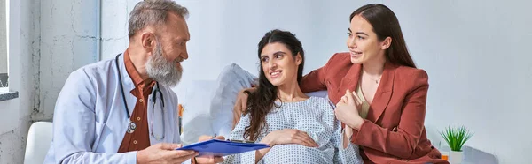 Happy lesbian couple having medical check on pregnancy looking at joyous doctor, ivf concept, banner — Stock Photo