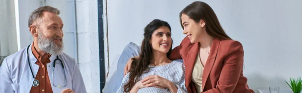 Lgbt couple looking at each other during appointment, in vitro fertilization concept, banner — Stock Photo
