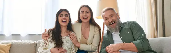 Happy lgbt couple and father of one of them laughing and smiling at camera, ivf concept, banner — Stock Photo
