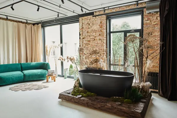 Черная ванна внутри современной квартиры с синим велюровым диваном, панорамными окнами и растениями — стоковое фото