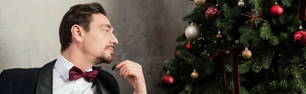 Cavalheiro bem vestido com barba vestindo smoking com gravata borboleta olhando para a árvore de Natal, bandeira — Fotografia de Stock