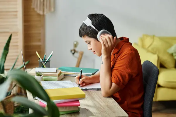 Estudiante alegre centrado con auriculares en el escritorio delante de la computadora portátil durante la clase en línea, la educación - foto de stock
