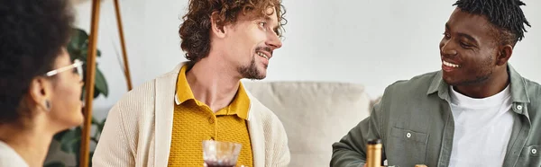 Happy Thanksgiving concept, cheerful multiethnic friends chatting and looking at each other, banner — Stock Photo