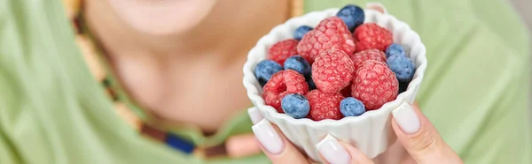 Close up view of ripe blueberries and raspberries in hand of blurred vegetarian woman, banner — Stock Photo