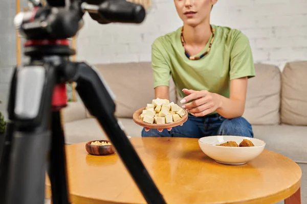 Mulher cortada apontando para queijo tofu perto de refeição à base de plantas e câmera digital, vlog vegetariano — Fotografia de Stock