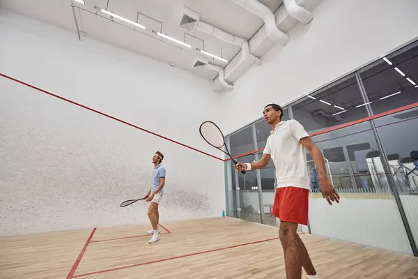 Homens jovens e inter-raciais em sportswear jogar squash dentro da corte, desafio e motivação — Fotografia de Stock