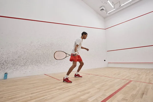 Atleta afroamericano en pantalones cortos rojos sosteniendo raqueta mientras juega squash dentro de la cancha - foto de stock