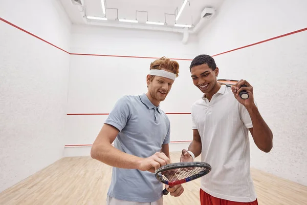 Alegre interracial desportistas no ativo desgaste sorrindo e verificando squash raquete dentro do tribunal — Fotografia de Stock
