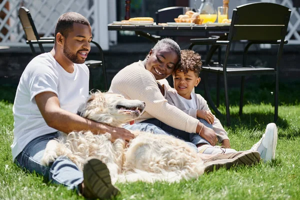 Якісний час веселих афроамериканських батьків і сина, посміхаючись і сидячи на газоні і петуючий собаці — стокове фото