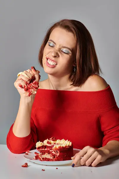 Menina de aniversário com raiva em traje vermelho esmagando delicioso pedaço de bolo de aniversário no fundo cinza — Fotografia de Stock
