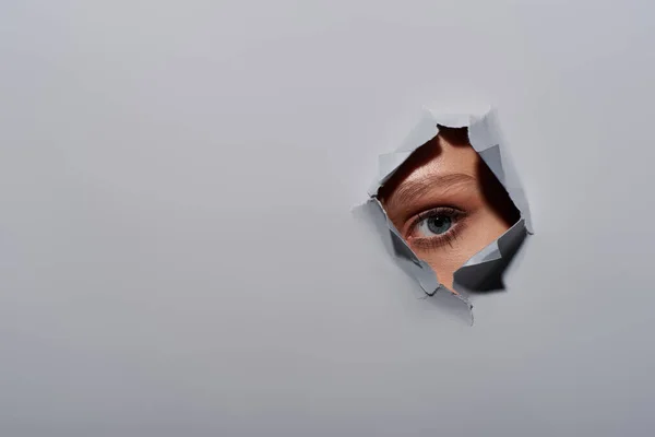 Corte tiro de jovem mulher com o olho azul olhando para a câmera através de buraco em fundo cinza rasgado — Fotografia de Stock