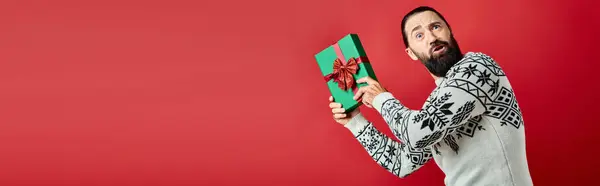 Confused bearded man in winter sweater with ornament holding Christmas present on red, banner — Stock Photo