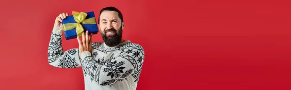 Displeased bearded man in winter sweater with ornament holding Christmas present on red, banner — Stock Photo
