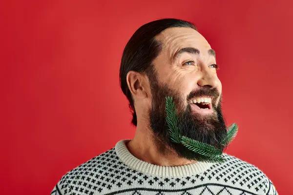 Excited man in Christmas sweater posing with branches of fresh spruce in beard on red backdrop — Stock Photo