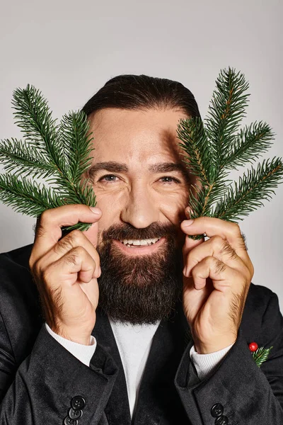 Happy bearded man in suit holding two spruce branches near face and smiling on grey backdrop — Stock Photo
