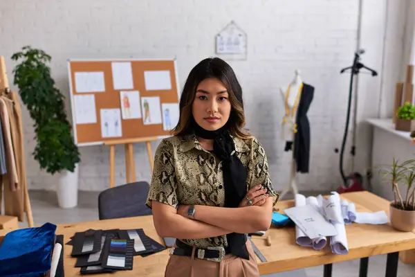 Творческий уверенный азиатский модельер со сложенными руками, смотрящий в камеру в частной ателье — стоковое фото