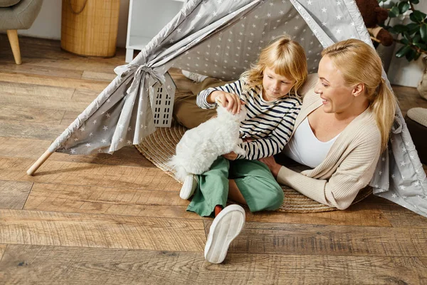 Happy girl with prosthetic leg playing with soft toy rabbit near mother while sitting in play tent — Stock Photo