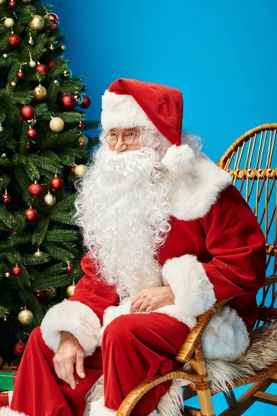 Cheerful Santa Claus with beard and eyeglasses sitting in rocking chair near Christmas tree on blue — Stock Photo