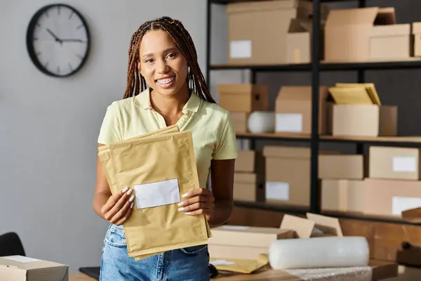 Cheerful young african american female merchant holding post packets and smiling at camera, delivery — Stock Photo