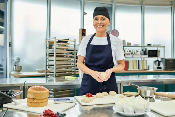 Alegre mujer atractiva chef en toque azul trabajando con la masa y sonriendo a la cámara, confitería - foto de stock